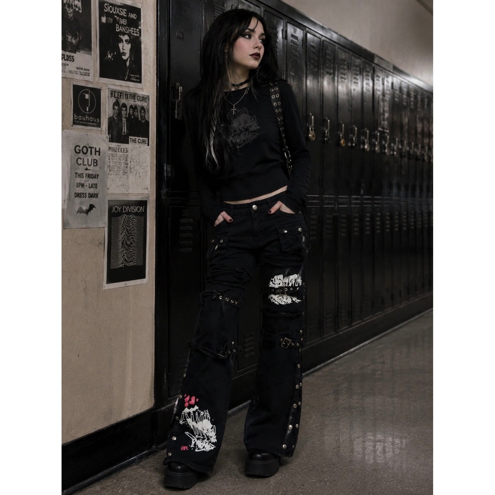 SLP Jeans Distressed Bondage Pants XL Black Goth Streetwear Buckle Strap Flare